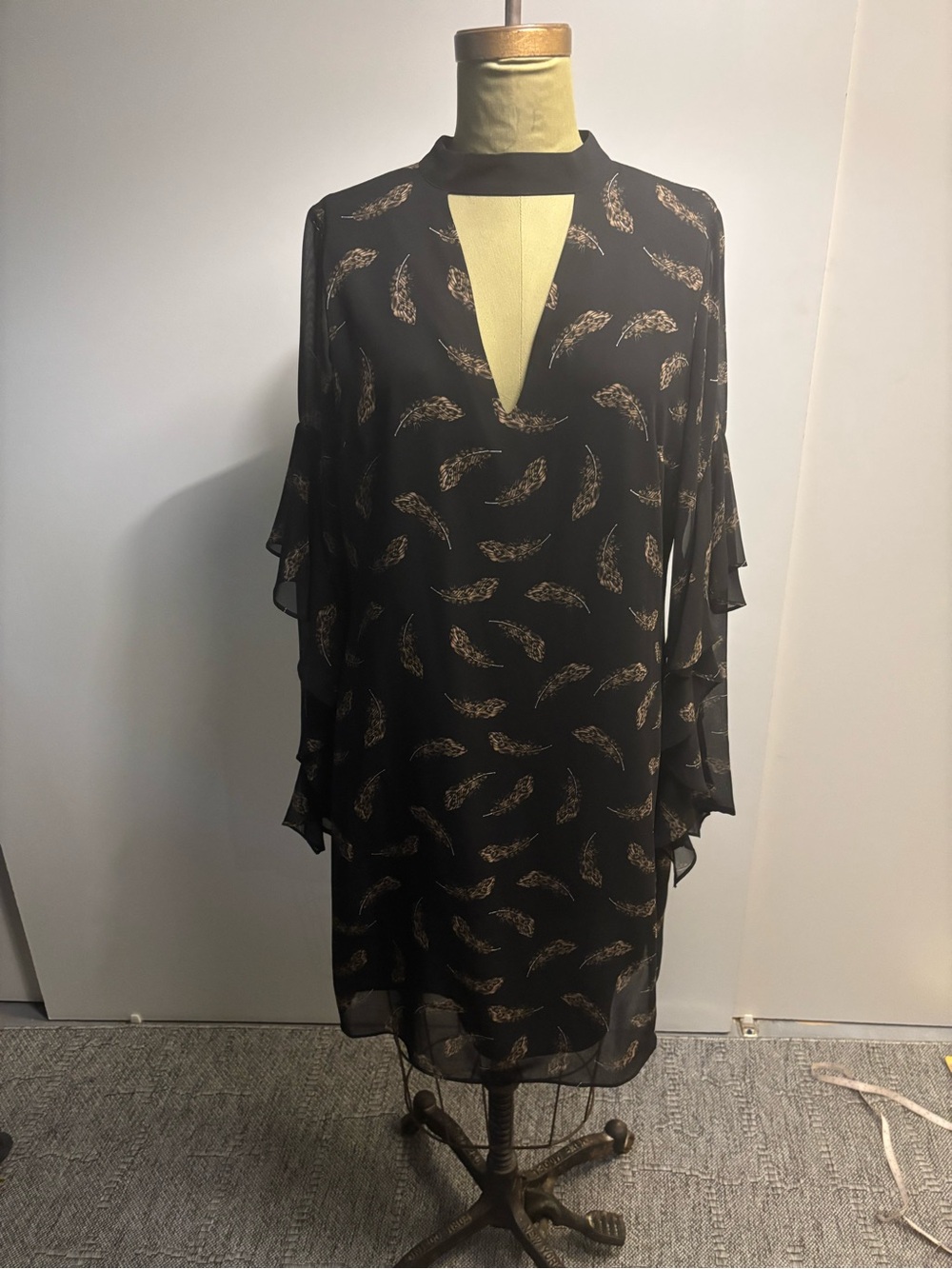 Sam Edelman Black Chiffon Dress with Gold Feather Print